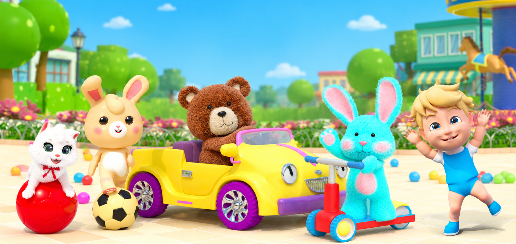 Koka TV’s teddy bear, rabbits, kitten and little boy together with their yellow car