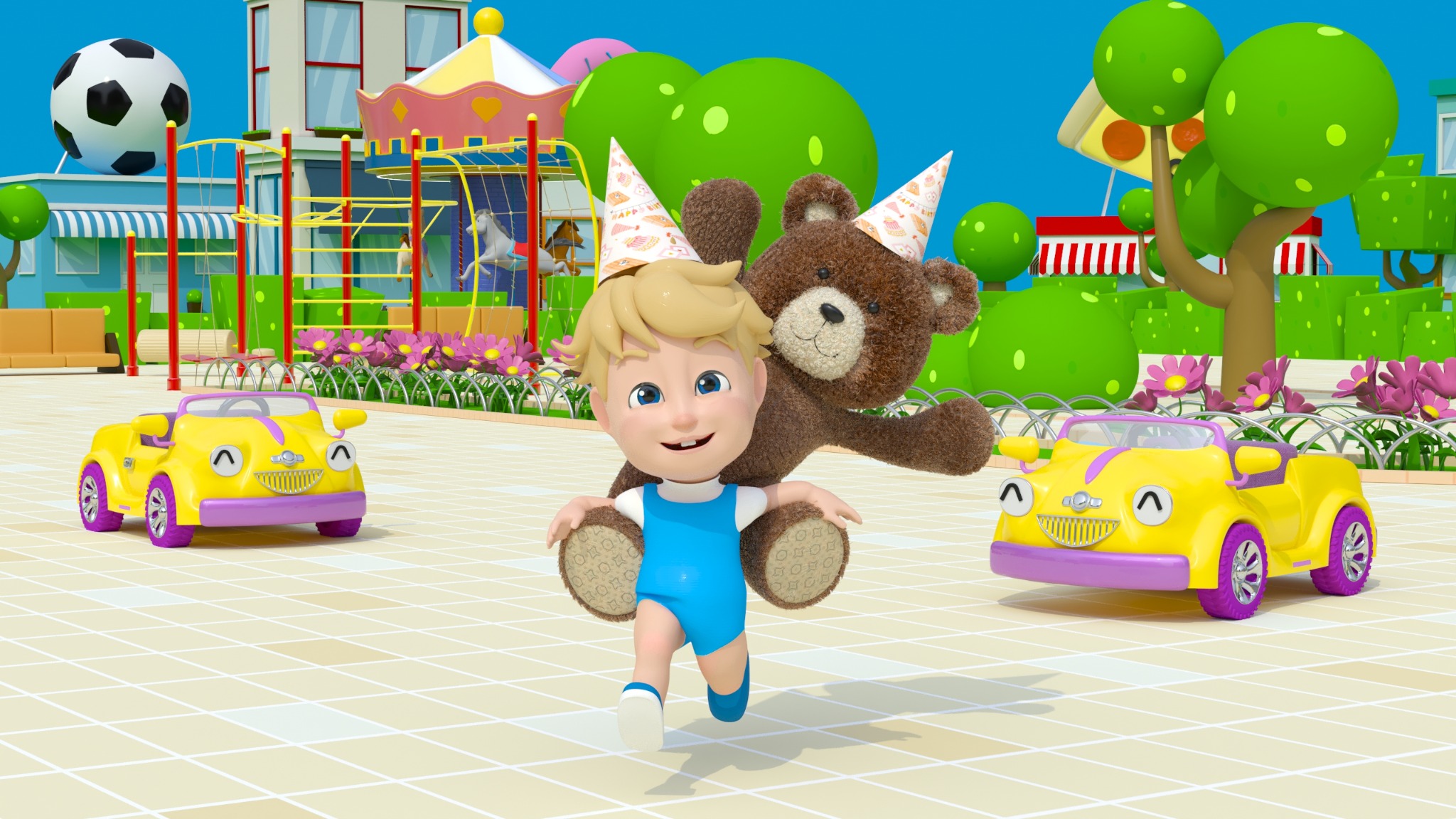 The Koka TV boy and teddy bear in the show’s animated playground setting